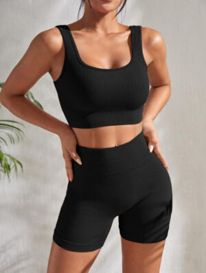 Ribbed Knit Wide Waistband Sports Fit & Style Seamless Tank Top Set in Black and Grey