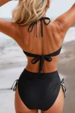Mesh Cutout Ruched Side Monokini One-Piece Swimsuit – Front, Side, and Back View