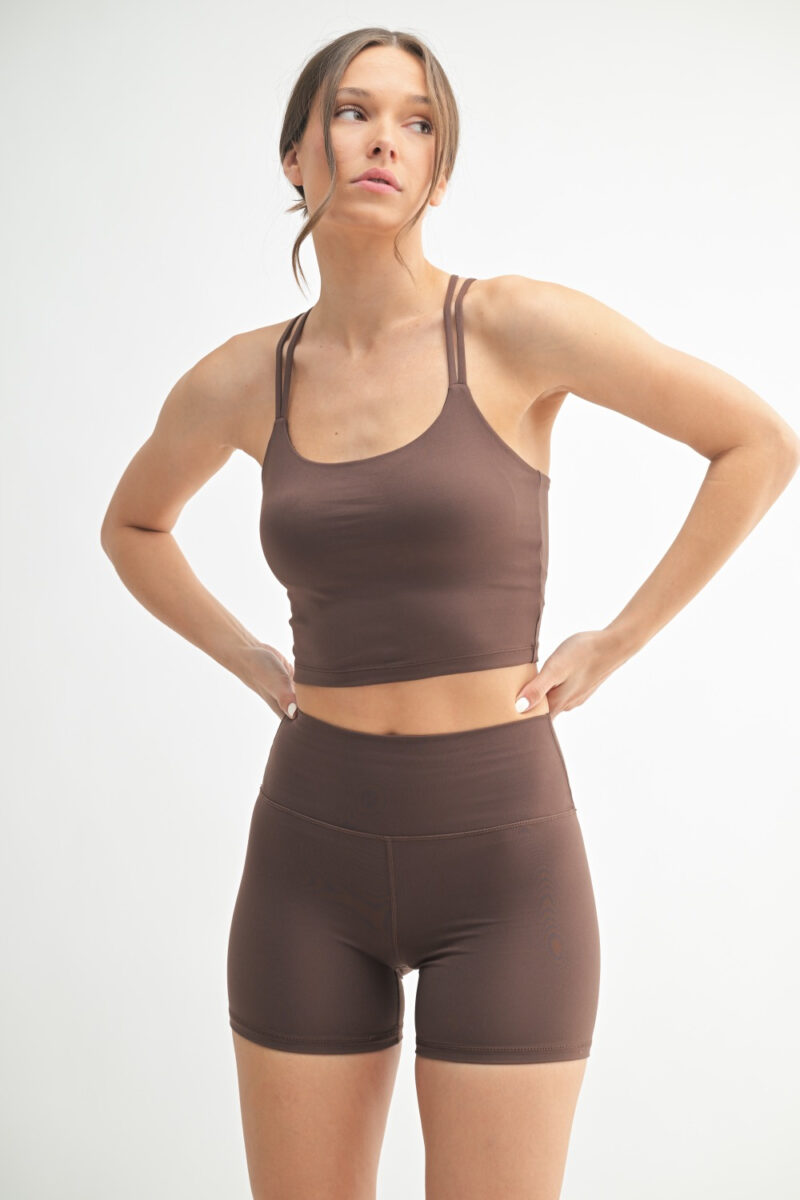 Front view of Venice Cloud Light Criss-Cross Sports Bra in Rich Soil – earthy toned sports bra with criss-cross back and minimal front straps