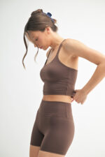 Front view of Venice Cloud Light Criss-Cross Sports Bra in Rich Soil – earthy toned sports bra with criss-cross back and minimal front straps