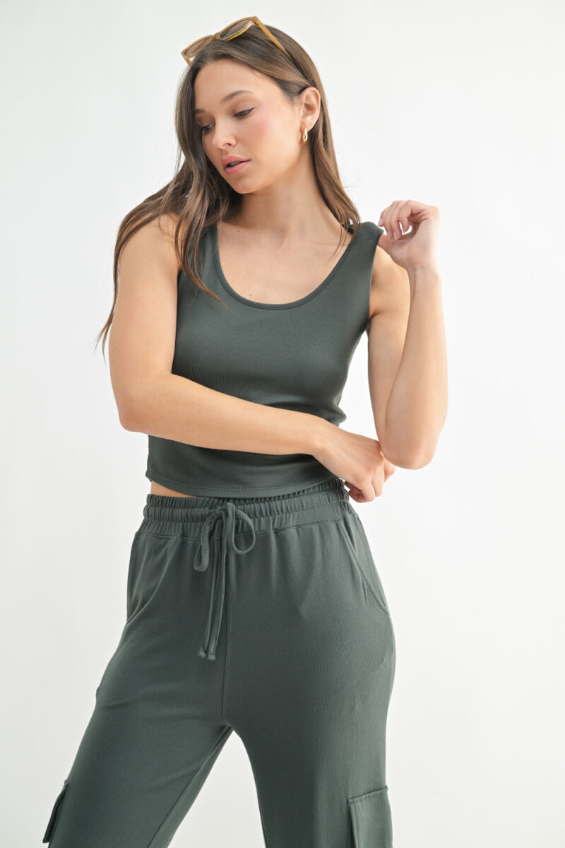 Front view of Urban Cloud Hacci Lounge Tank in Urban Grey – soft brushed knit women’s tank top with high-hip cut and relaxed fit