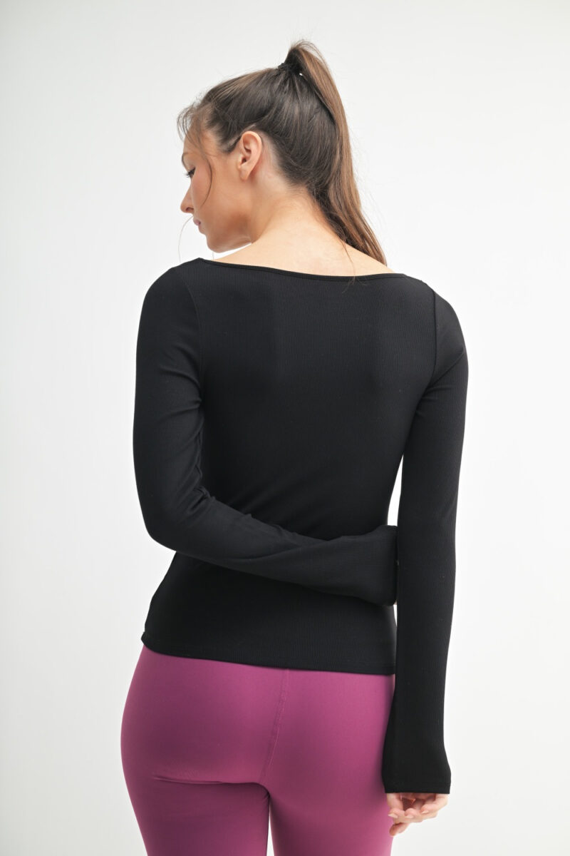 Basic White: Front view of SleekFit Boat Neck Ribbed Long Sleeve Top in Basic White – slim-fit stretchy women’s top with boat neckline Black: Front view of SleekFit Boat Neck Ribbed Long Sleeve Top in Black – fitted long sleeve top with boat neck in soft ribbed fabric