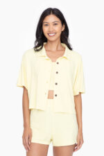Front view of Lemon Bliss 3-Piece Lounge Set – cozy women’s lounge set with shorts, tank top, and short sleeve shirt in pastel yellow