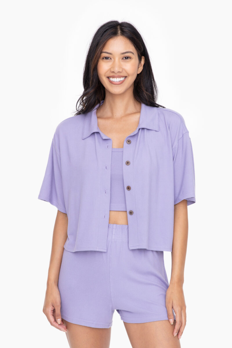 Front view of Lemon Bliss 3-Piece Lounge Set – cozy women’s lounge set with shorts, tank top, and short sleeve shirt in pastel yellow